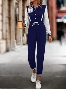 SHEIN LUNE Áo liền quần nữ Dây kéo Nút phía trước Lá thư Sọc Giải trí - Màu xanh hải quân - Xem 6