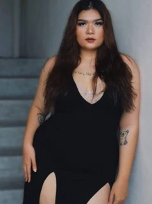 SHEIN SXY Summer Black Slit Thigh Deep V-Neck Tight Coquettish Dress,Summer Dresses For Women