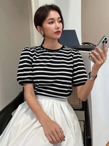 DAZY Striped Print Puff Sleeve Tee - Black and White - View 1