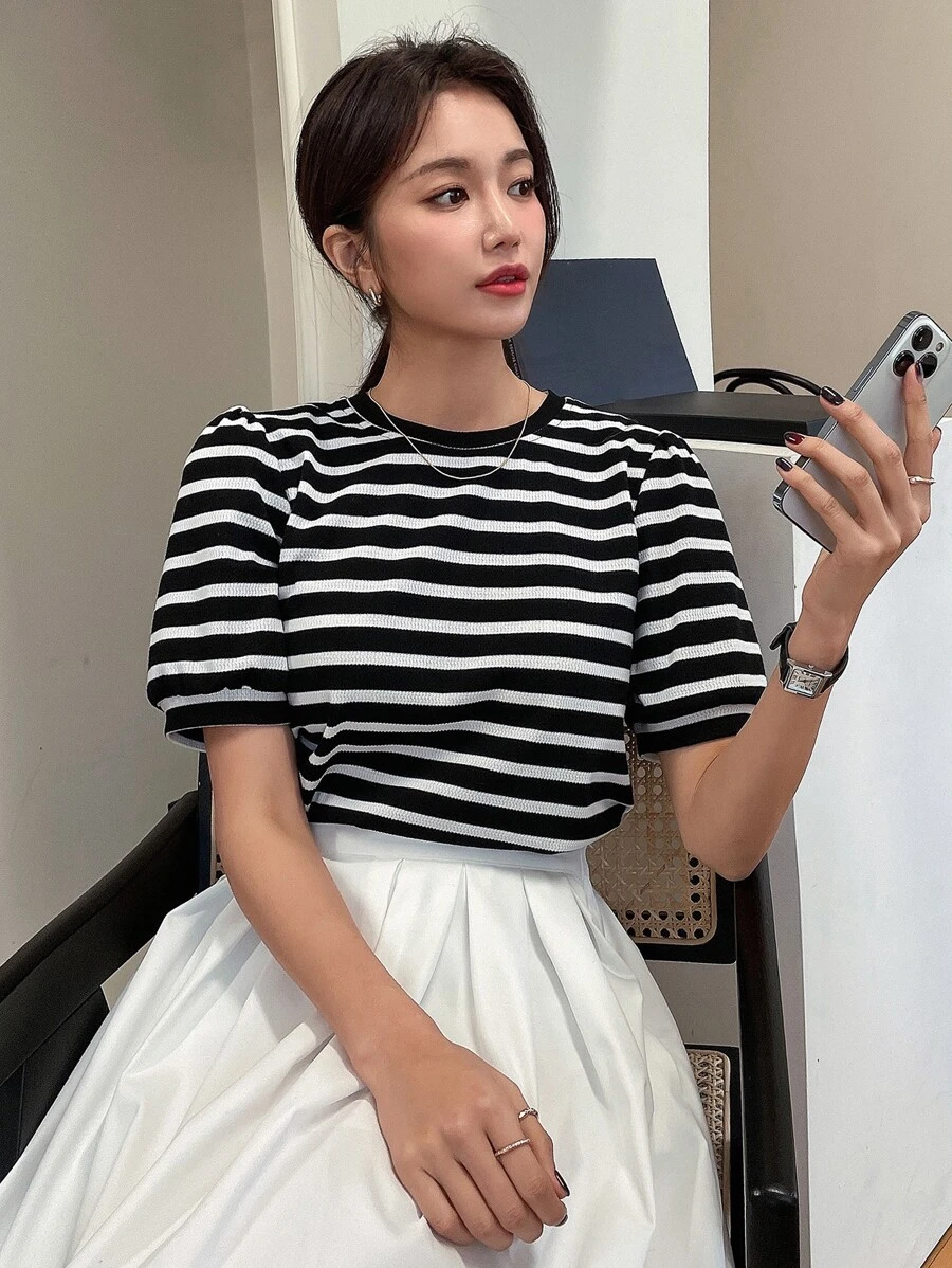 DAZY Striped Print Puff Sleeve Tee - Black and White - View 1