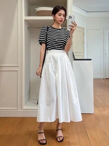DAZY Striped Print Puff Sleeve Tee - Black and White - View 2