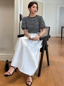 DAZY Striped Print Puff Sleeve Tee - Black and White - View 3