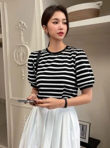 DAZY Striped Print Puff Sleeve Tee - Black and White - View 4