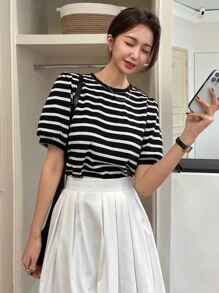 DAZY Striped Print Puff Sleeve Tee - Black and White - View 5