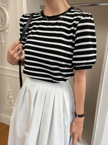 DAZY Striped Print Puff Sleeve Tee - Black and White - View 6