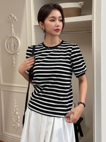 DAZY Striped Print Puff Sleeve Tee - Black and White - View 7