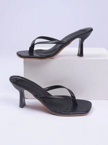 Women Toe Post Heeled Sandals, Mid Heeled Fashionable Thong Sandals Black - Black - View 3
