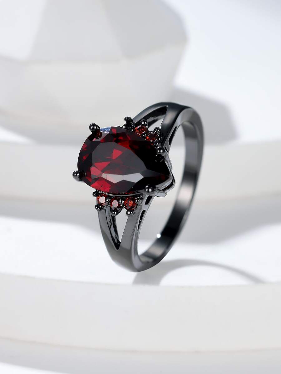 Anillo zirconia cúbica con diseño de gota de agua - Rojo - Ver 1