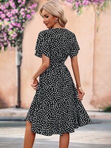 SHEIN Clasi Vestido con estampado con cinturón bajo con fruncido - Negro - Ver 2