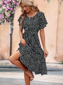 SHEIN Clasi Vestido con estampado con cinturón bajo con fruncido - Negro - Ver 4