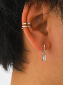 1pc Men Cubic Zirconia Decor Earring & 1pc Minimalist Ear Cuff