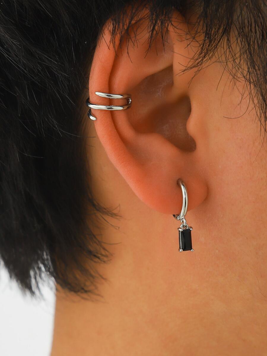 2 cái/bộ bông tai nam trang trí bằng đá khối Zirconia - màu đen - Xem 1