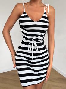 SHEIN Cottnline Striped Print Drawstring Waist Cami Dress - Navy Blue - View 6
