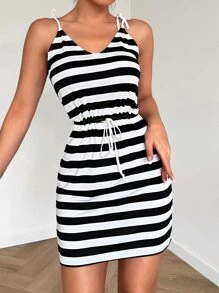SHEIN Cottnline Striped Print Drawstring Waist Cami Dress - Navy Blue - View 4