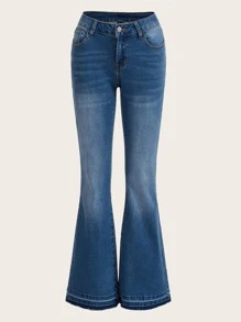 SHEIN MOD Moustache Effect Flare Leg Jeans - Medium Wash - View 1