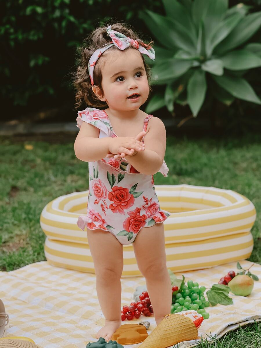 嬰兒印花荷葉邊連體泳衣帶配件髮箍 - 彩色 - 查看 1