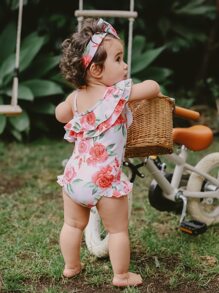 嬰兒印花荷葉邊連體泳衣帶配件髮箍 - 彩色 - 查看 2