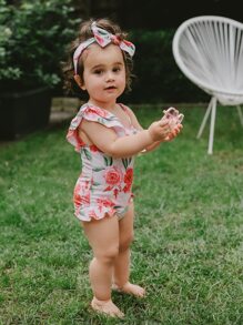 嬰兒印花荷葉邊連體泳衣帶配件髮箍 - 彩色 - 查看 3