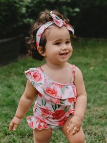 嬰兒印花荷葉邊連體泳衣帶配件髮箍 - 彩色 - 查看 4