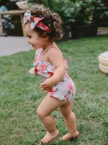 嬰兒印花荷葉邊連體泳衣帶配件髮箍 - 彩色 - 查看 6