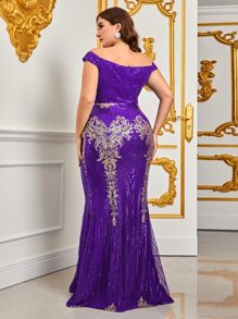 大碼一字肩亮片正式連衣裙 - 紫色 - 查看 2