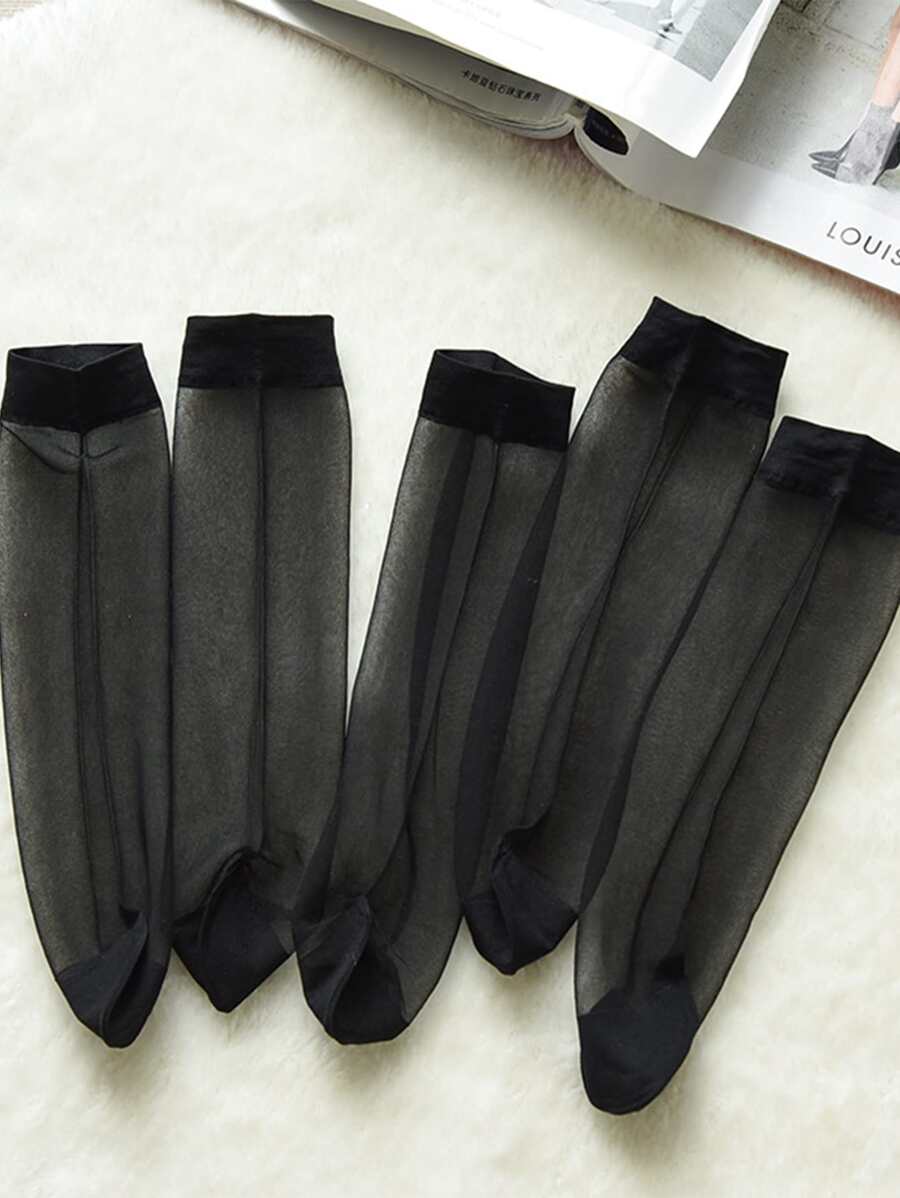 5雙裝女式素色休閒中筒襪 - 黑色 - 查看 1
