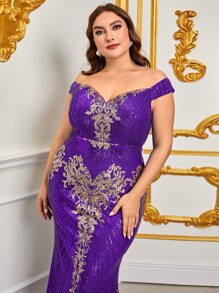 大碼一字肩亮片正式連衣裙 - 紫色 - 查看 5