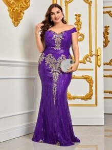 大碼一字肩亮片正式連衣裙 - 紫色 - 查看 6