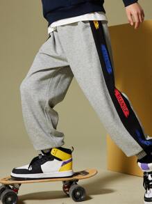 Chicos Pantalones deportivos con estampado de letra con costura lateral en contraste - Gris - Ver 1