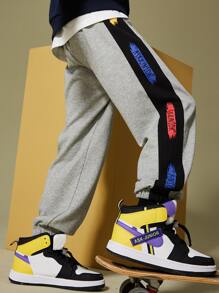 Chicos Pantalones deportivos con estampado de letra con costura lateral en contraste - Gris - Ver 2