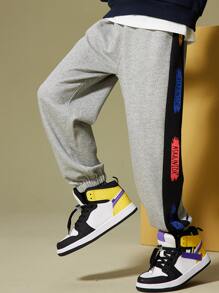 Chicos Pantalones deportivos con estampado de letra con costura lateral en contraste - Gris - Ver 3