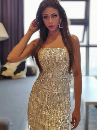 Glamine Men's Elegant Gorgeous Tassel Sequins Halter Backless Zipper Slim One-Piece Short Night Out Party Dresses, Club Dress, Holiday Dress, Wrap Dress, White Fringe Glitter Dress, Homecoming Dress, Sexy Flapper Dresses