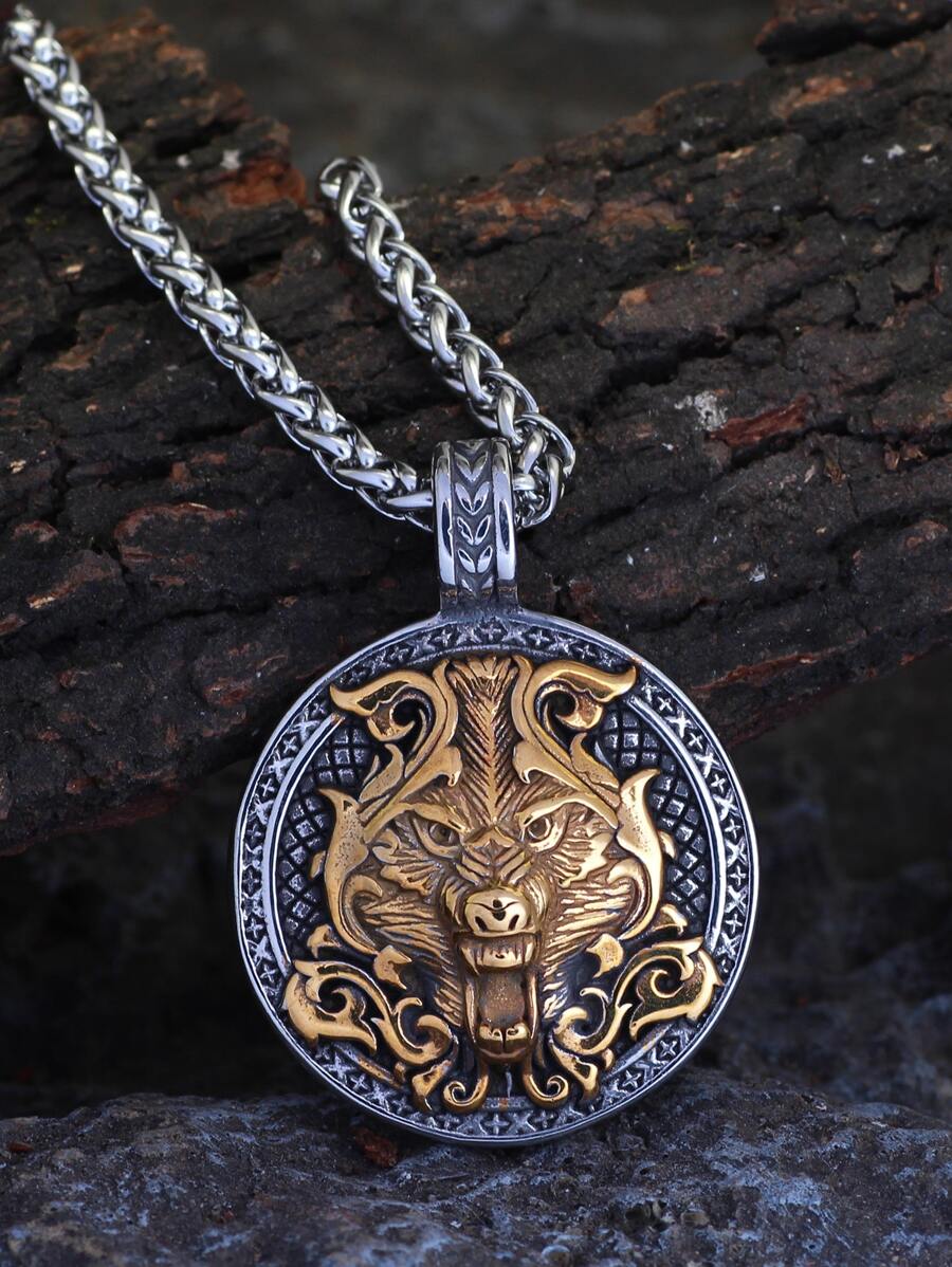 Men Wolf Decor Round Pendant Necklace - Silver - View 1