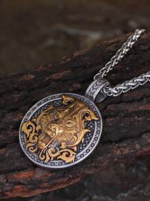 Men Wolf Decor Round Pendant Necklace - Silver - View 3