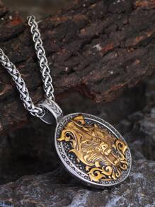 Men Wolf Decor Round Pendant Necklace - Silver - View 4