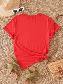 SHEIN Essnce 印花T恤 - 紅色 - 查看 2