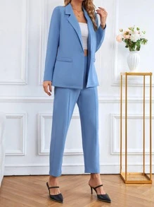 Chiquease Lapel Neck Single Button Blazer & Trousers - Blue - View 5