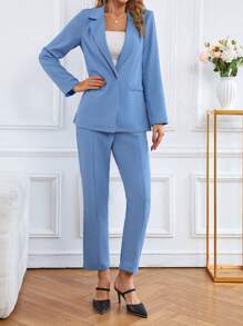 Chiquease Lapel Neck Single Button Blazer & Trousers - Blue - View 6