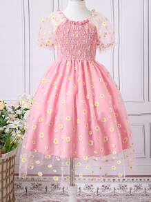 SHEIN Girls Floral Print Mesh Overlay Dress - Pink - View 1