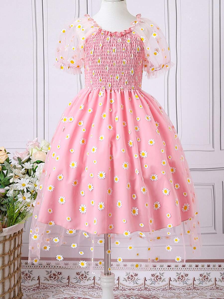 SHEIN Girls Floral Print Mesh Overlay Dress - Pink - View 1