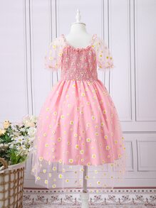 SHEIN Girls Floral Print Mesh Overlay Dress - Pink - View 2