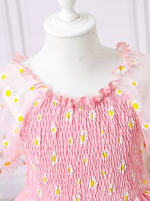 SHEIN Girls Floral Print Mesh Overlay Dress - Pink - View 3