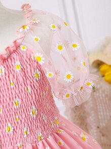 SHEIN Girls Floral Print Mesh Overlay Dress - Pink - View 4
