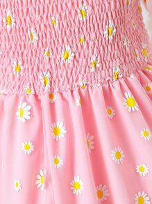 SHEIN Girls Floral Print Mesh Overlay Dress - Pink - View 5