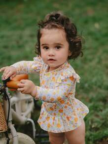 女嬰可愛小碎花拉鍊裙式連體泳衣，飛邊設計適合度假防曬，配有頭帶適合夏季海灘 - 彩色 - 查看 3