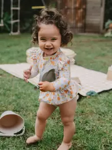 女嬰可愛小碎花拉鍊裙式連體泳衣，飛邊設計適合度假防曬，配有頭帶適合夏季海灘 - 彩色 - 查看 4