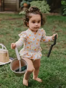 女嬰可愛小碎花拉鍊裙式連體泳衣，飛邊設計適合度假防曬，配有頭帶適合夏季海灘 - 彩色 - 查看 5