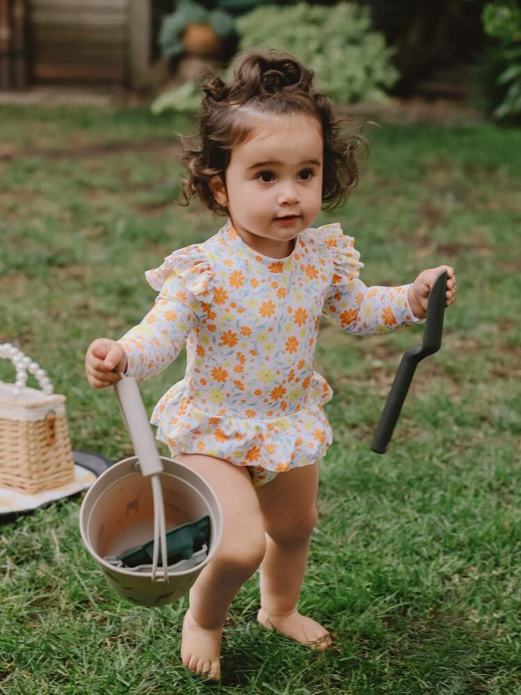 Baby Girl Cute Small Floral Print Zipper Skirted One Piece Swimsuit With Fly Edge Design For Vacation And Sun Protection, Comes With Headband For Summer Beach - Multicolor - View 5