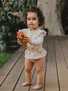 女嬰可愛小碎花拉鍊裙式連體泳衣，飛邊設計適合度假防曬，配有頭帶適合夏季海灘 - 彩色 - 查看 7