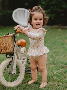 女嬰可愛小碎花拉鍊裙式連體泳衣，飛邊設計適合度假防曬，配有頭帶適合夏季海灘 - 彩色 - 查看 8